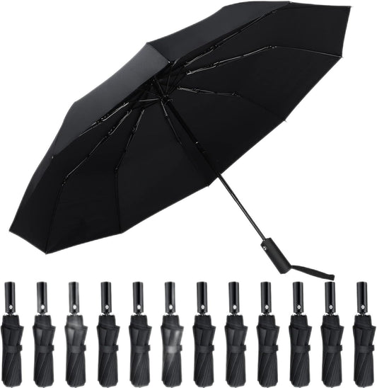Jexine Automatic Open Close Umbrella Bulk 10 Ribs Portable Travel Windproof Compact Strong Light Folding Umbrellas for Rain Car Backpack, Black(12 Pcs)