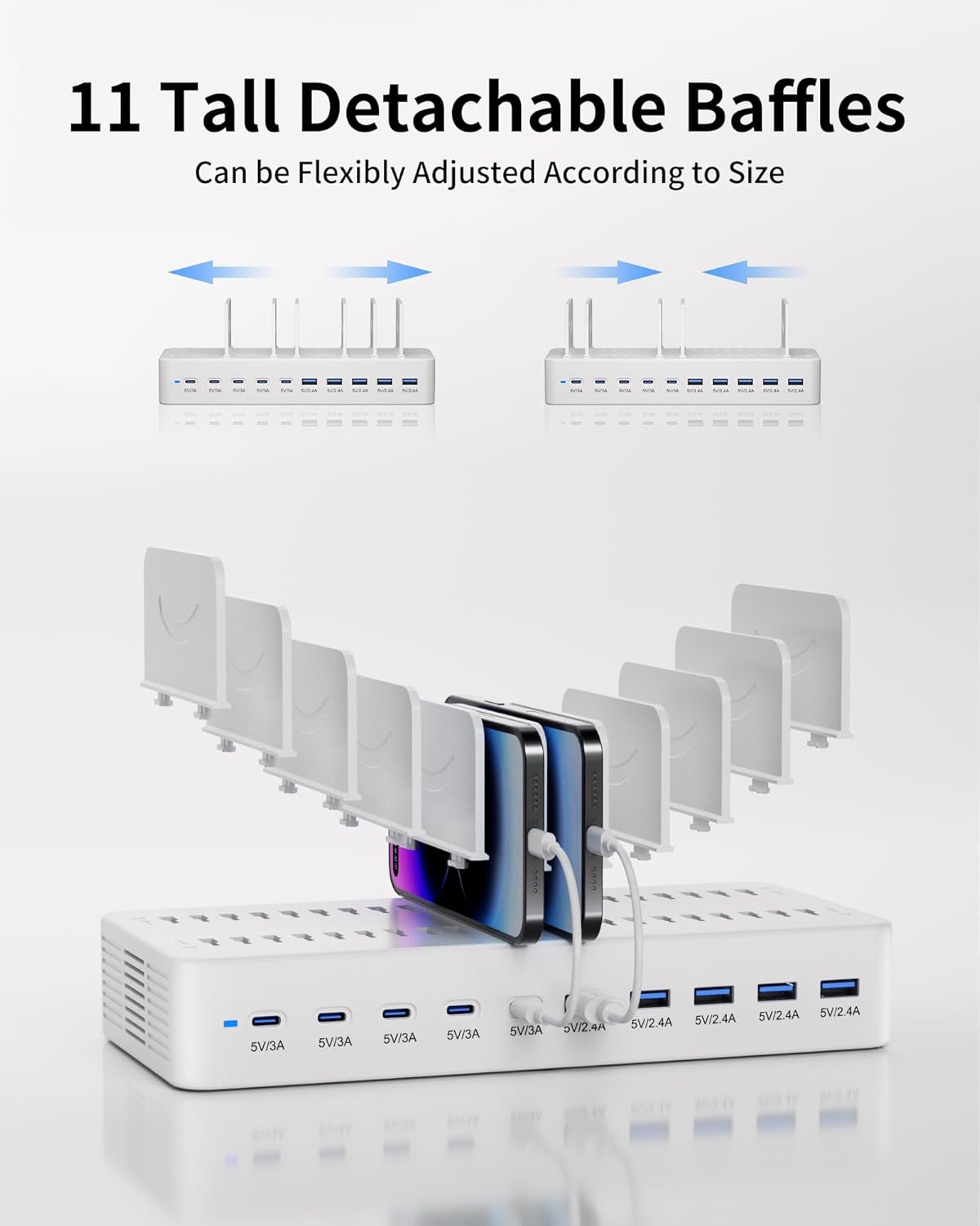 100W Charging Station for Multiple Devices, 10-Port USB Fast Charging Station with Adjustable Dividers & 10 Cables- Multi Device Organizer Charging Dock for iPhone, iPad, Tablets & More