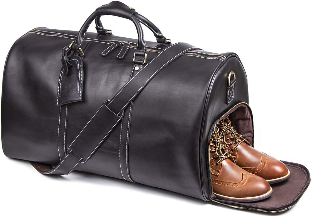 Leather Travel Luggage Bag, Mens Duffle Retro Carry on Handbag(Black, 24 Inch)