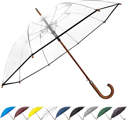 SoulRain 48" Clear Bubble Umbrella – Large Transparent Umbrella for Rain, Windproof & Automatic Open, Wedding Umbrellas for Women & Men, Vintage Stick Cane with Wooden Handle(Clear)