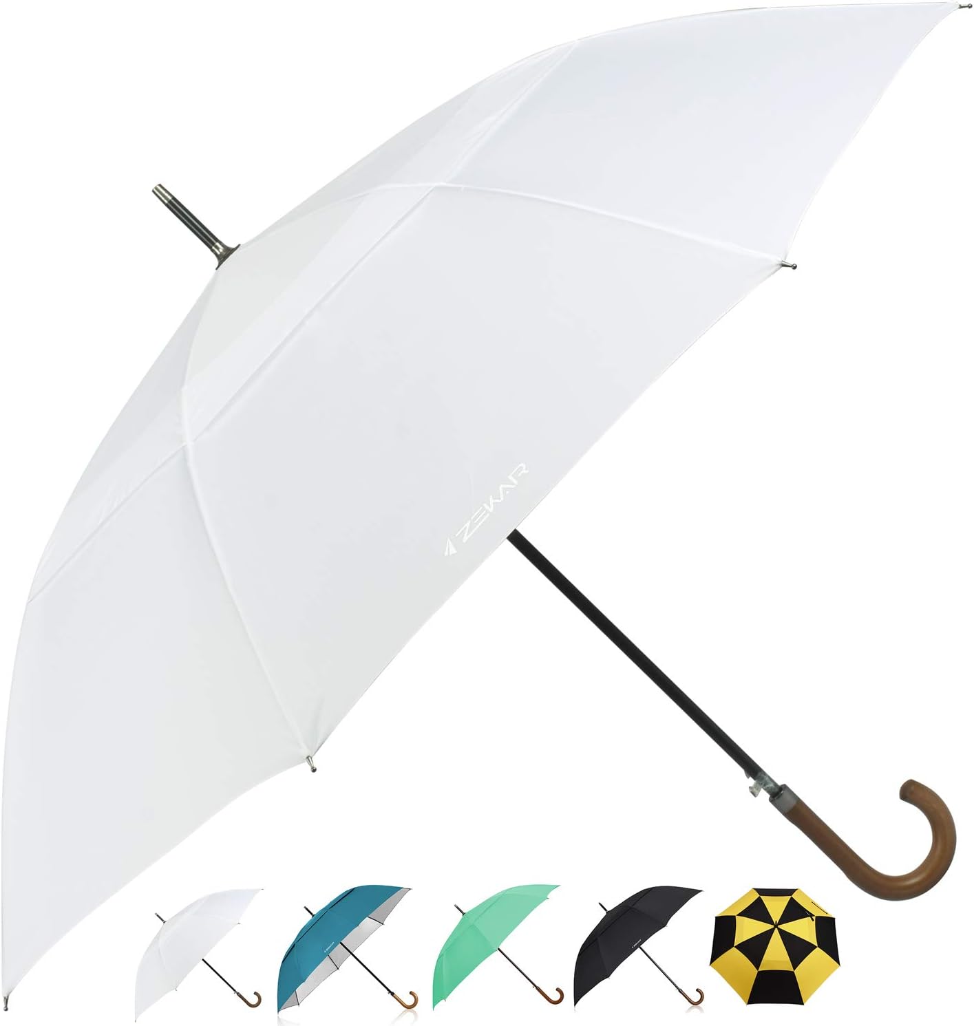ZEKAR Wooden J-Handle Umbrella, 60 inch, Classic Versions, Large Windproof Stick Umbrella, can Used in Wedding (white, 60”)