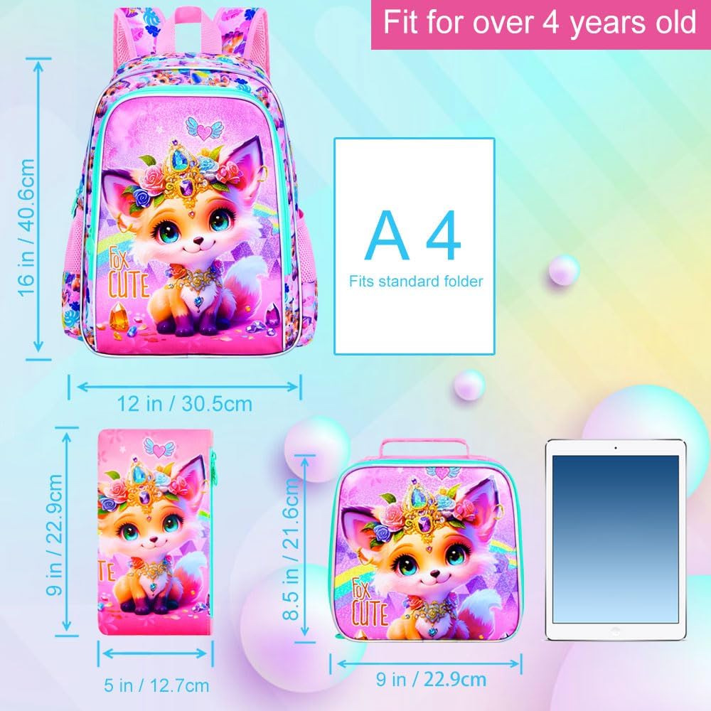 16" Backpack for Girls, 3Pcs Fox Kids Bookbag with Lunch Box，School Backpacks for Elementary Preschool Kindergarten (Pink)