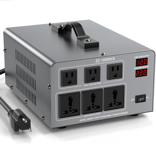 10000W Voltage Converter Auto Transformer,110/120/220/240V Heavy Duty Step Up/Down Power Converter Transformer with 3 US Outlets,3 Universal Outlets, LCD Display,Resettable Circuit Breaker Protection