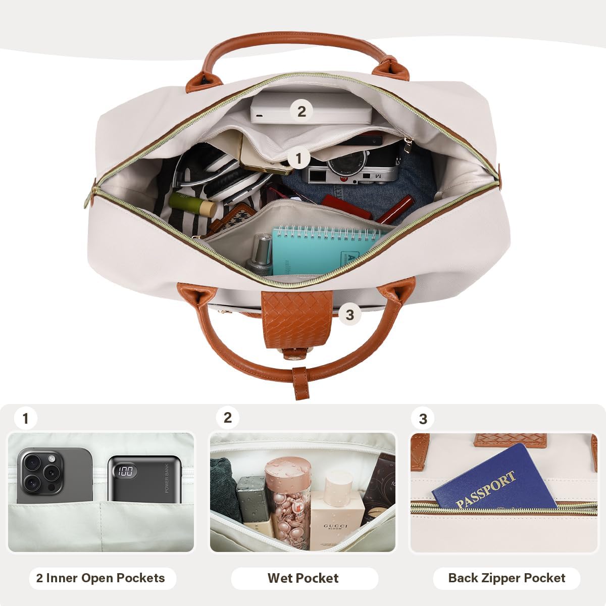 Leather Weekender Bags for Women, Travel Duffel Bag PU Overnight Bag Carry On Tote Bag with Shoe Compartment Wet Pocket