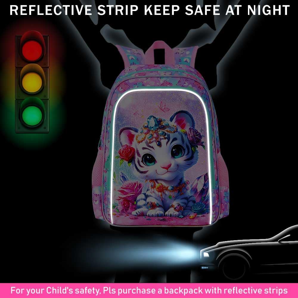 16" Girls Backpack, 16" Kids Bookbag with Lunch Box，Tiger School Backpacks for Elementary Preschool Kindergarten (Pink)