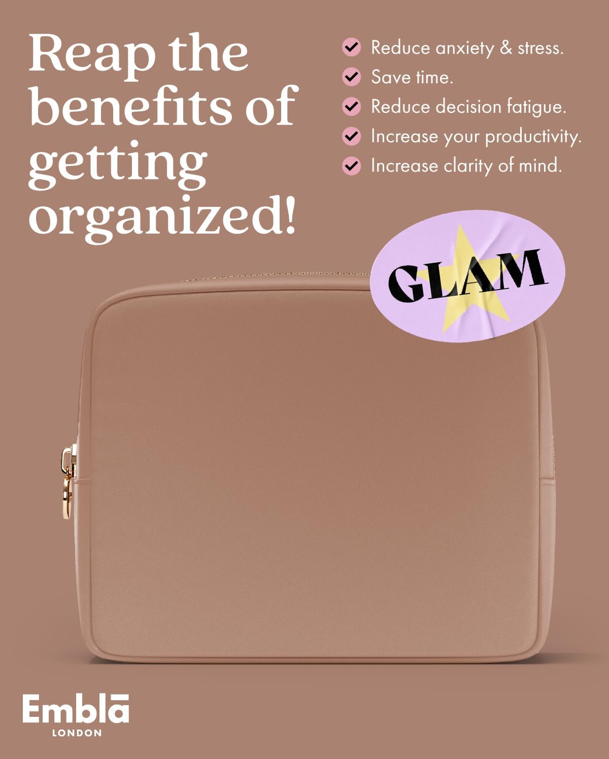 Embla Makeup Bag Travel Cosmetics Pouch and Toiletry Bag, Nylon Zipper Pouch Purse, Cute Make Up Organizer Storage Tote for Women Girls, Travel Skincare Case, Large Makeup Bags, Mocha Mousse