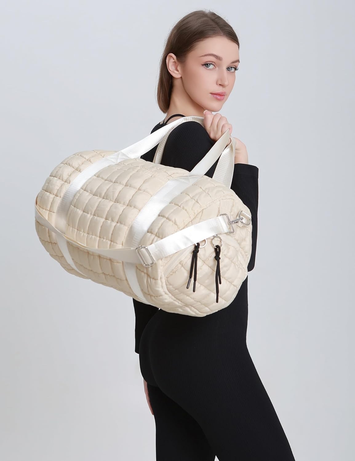 Quilted Duffel Gym Bag for Men and Women Carry On Travel Sport Weekender Bag, Off White