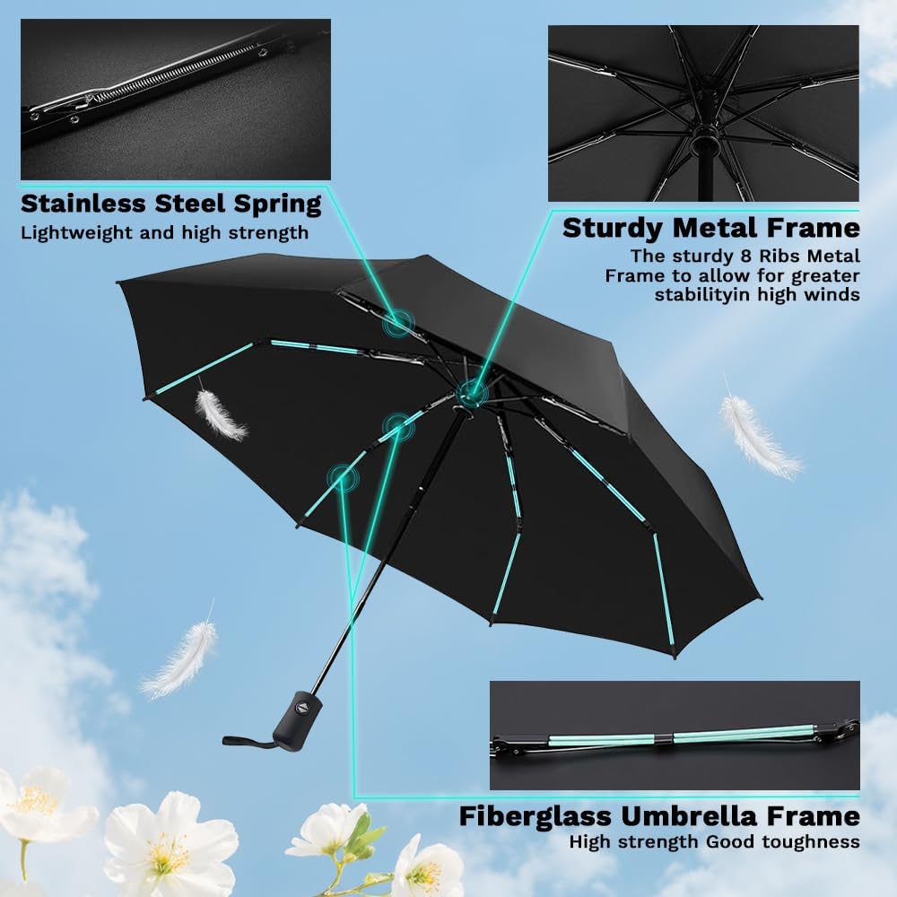 YINBAOGE Compact Travel Umbrella, Automatic Folding Windproof 8 Ribs, Lightweight Small Portable Parasol for Rain & Sun with UV Protection, Fits Car, Backpack, Purse, Men & Women