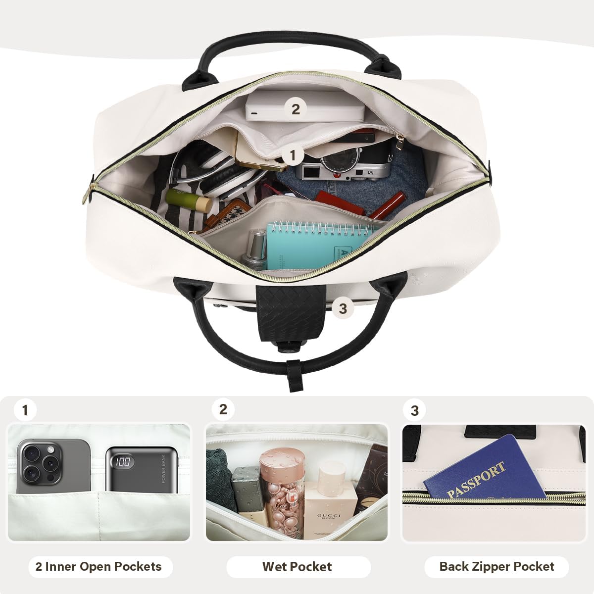 Leather Weekender Bags for Women, Travel Duffel Bag PU Overnight Bag Carry On Tote Bag with Shoe Compartment Wet Pocket