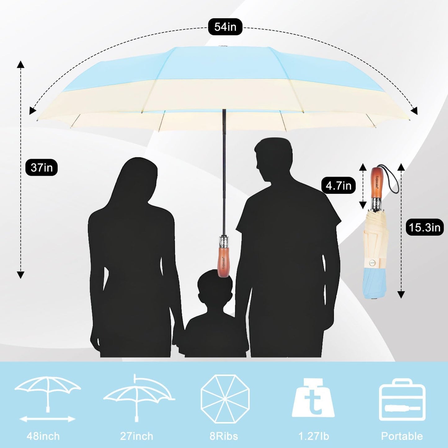 Lejorain Compact Golf Umbrella Large - 54inch Travel Big Portable Automatic Folding Umbrella Windproof for Men Heavy Duty 210T Dupont Teflon Coated Umbrella for Rain
