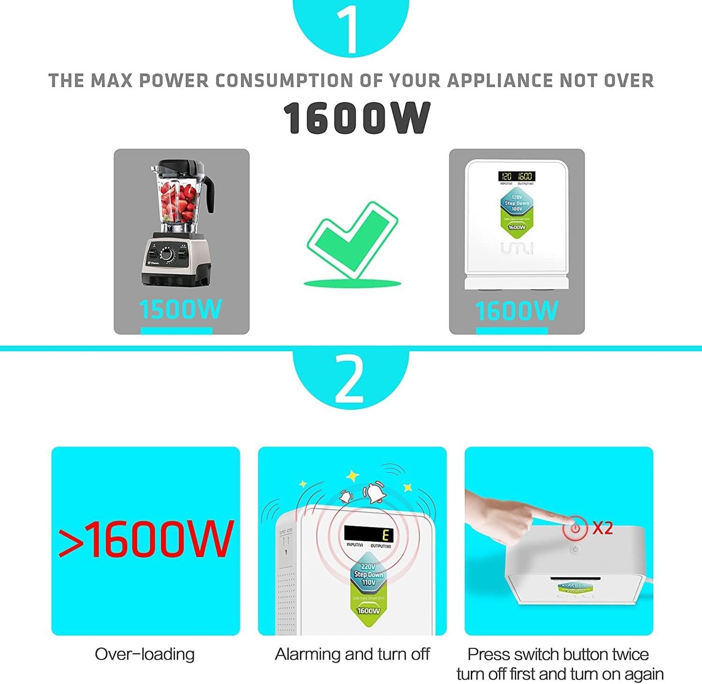 120V to 100V Voltage Converter 1600watts Step Down toroidal Voltage Converter for Japan appliances Used in US［CE, CQC Certified］