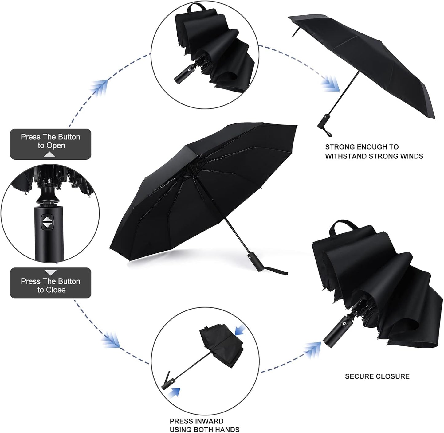 Jexine Automatic Open Close Umbrella Bulk 10 Ribs Portable Travel Windproof Compact Strong Light Folding Umbrellas for Rain Car Backpack, Black(12 Pcs)