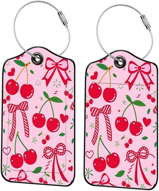 2 Pack Cherry Leather Luggage Tags for Suitcases, Travel Bag Tags with Privacy Cover ID Label with Stainless Steel Loop for Women Men Girls Backpack Gift (Pink Red)