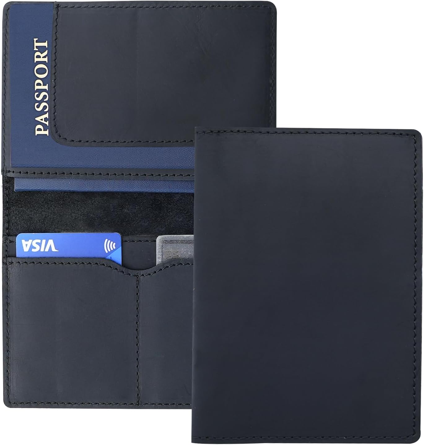 Leather Passport Holder with Travel Wallet, Genuine Leather Passport Cover- Passport Wallet, Leather Folding Wallet for Passports (Straight Cut, Black)