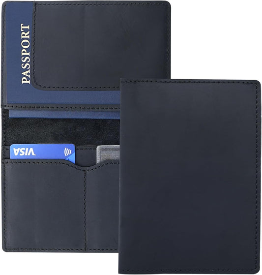 Leather Passport Holder with Travel Wallet, Genuine Leather Passport Cover- Passport Wallet, Leather Folding Wallet for Passports (Straight Cut, Black)