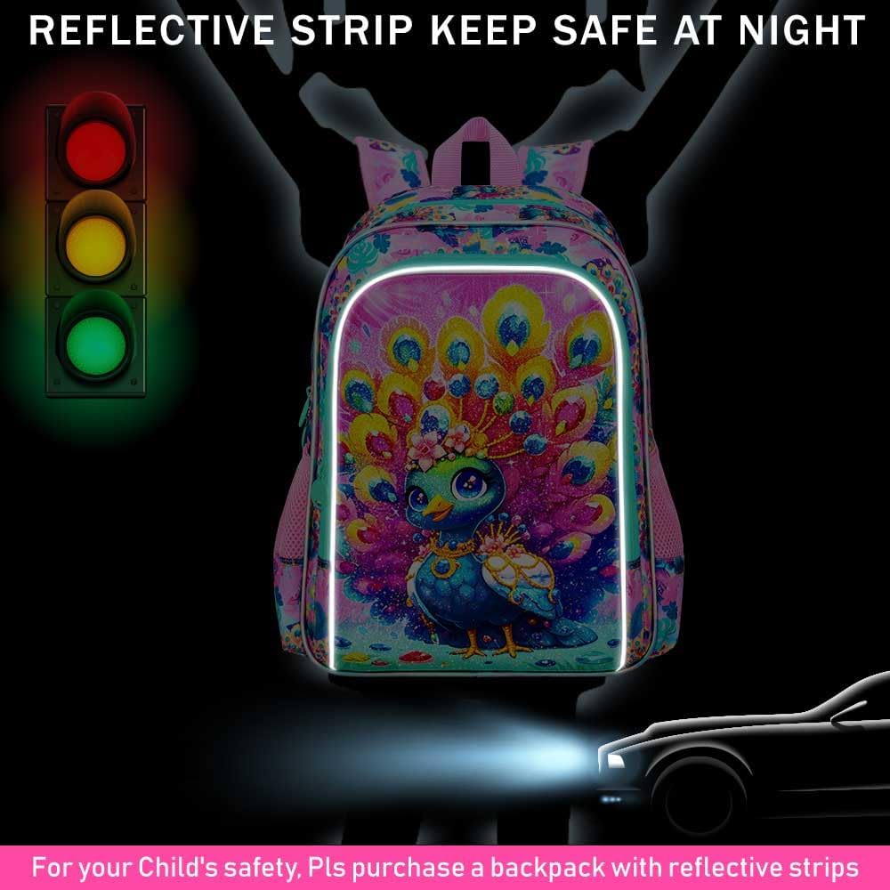 16" Backpack for Girls, 3Pcs Peacock Kids Bookbag for Elementary Preschool Kindergarten, School Backpacks with Lunch Box(Pink)