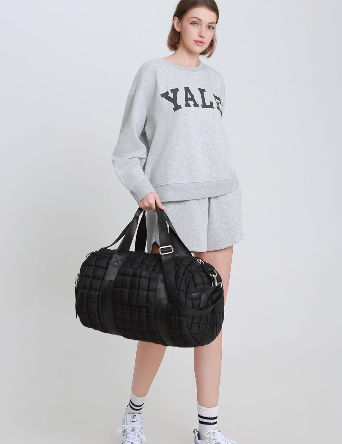 Quilted Duffel Gym Bag for Men and Women Carry On Travel Sport Weekender Bag, Black