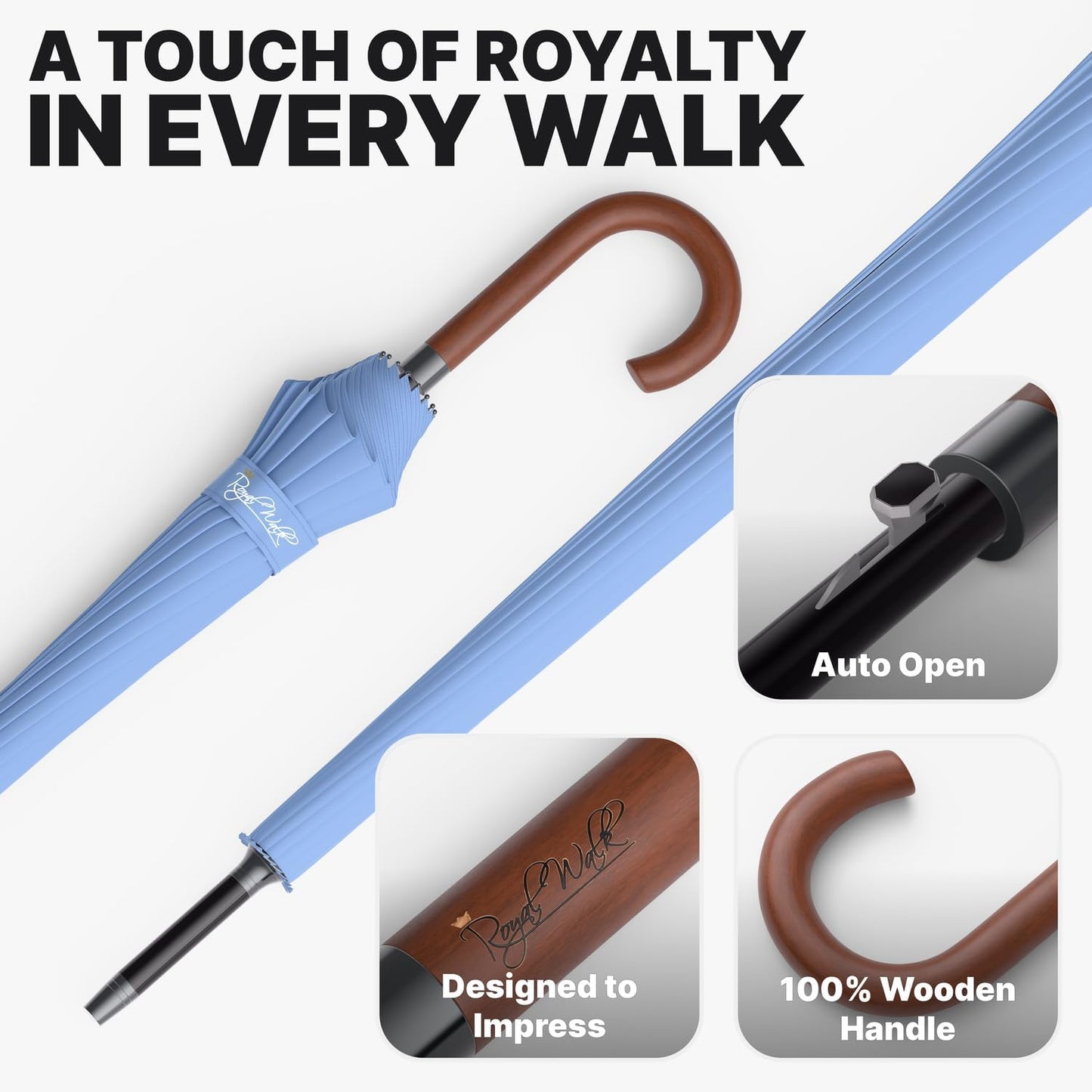 Royal Walk Windproof Large Umbrella for Rain 54 Inch Automatic Open for 2 Persons Wind Resistant Big Golf Umbrellas for Adult Men Women Classic Wooden Handle Fast Drying Strong 16 Ribs Travel 120cm