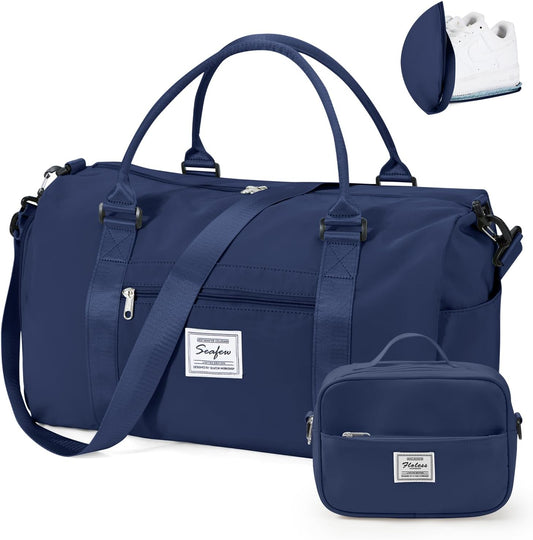 Gym Bag for Women with Shoes Compartment,Small Duffel Bag Sport bag with Toiletry Bag Overnight Travel Tote Bags Weekender Carry on Bag Personal Item Bags for Airlines Dark Blue