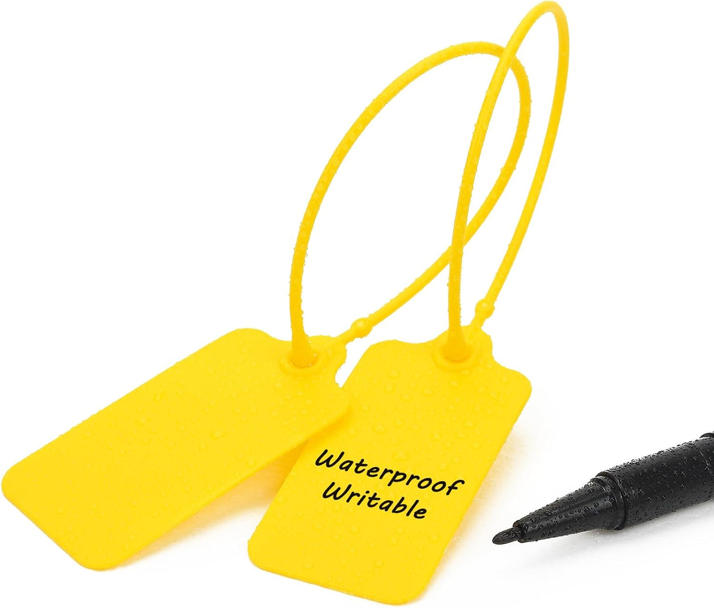 100pcs Luggage Tags Plastic Seals Shipping Label Logistics Use Sign Tie, Sealing Storage Multi Purpose Name ID Tag with Marker for Backpack, Schoolbag, Car Key (Yellow)