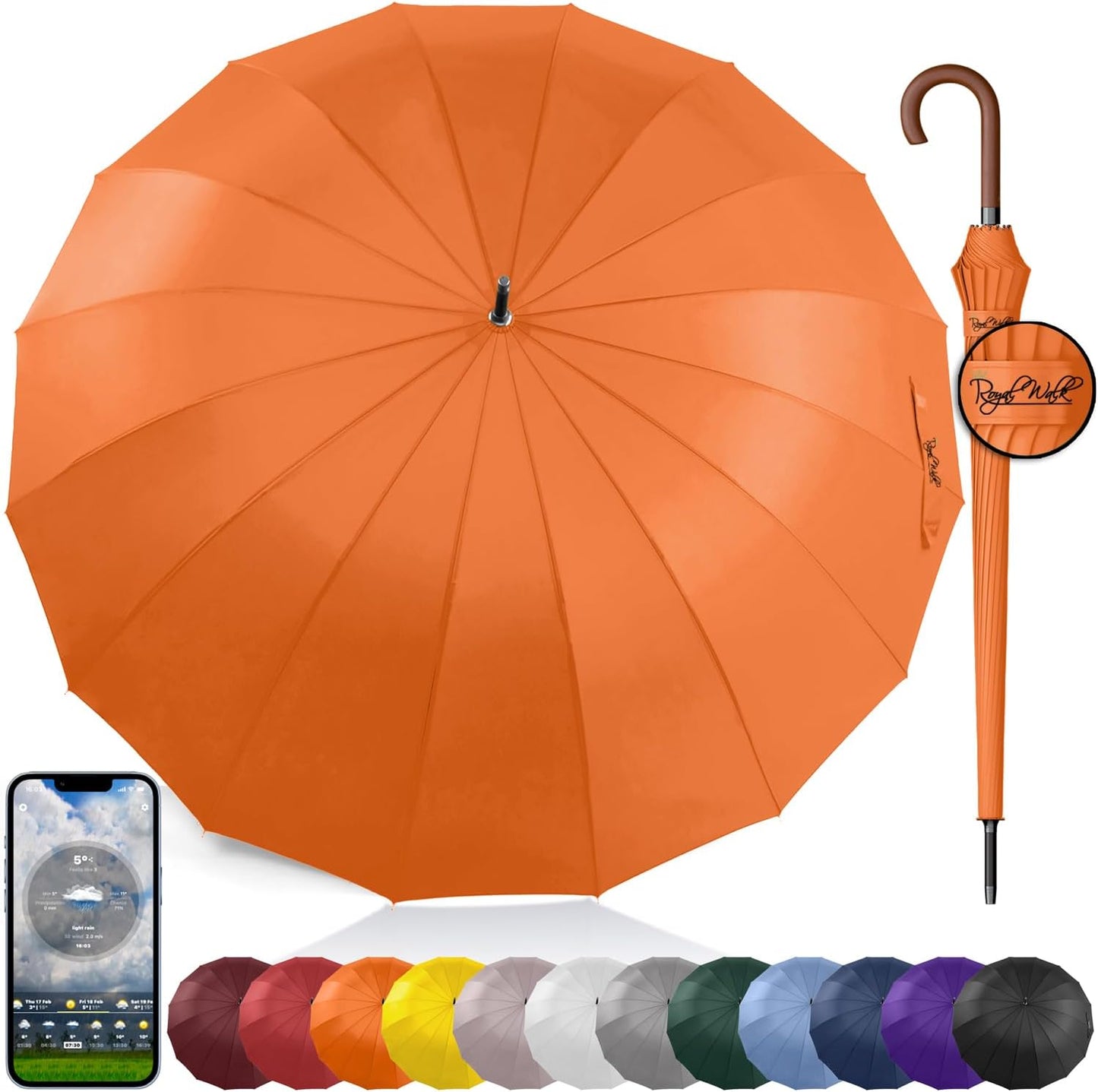 Royal Walk Windproof Large Umbrella for Rain 54 Inch Automatic Open for 2 Persons Wind Resistant Big Golf Umbrellas for Adult Men Women Classic Wooden Handle Fast Drying Strong 16 Ribs Travel 120cm