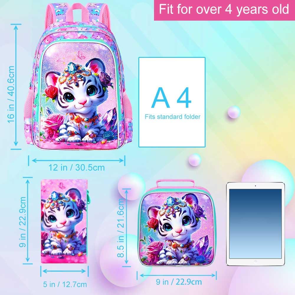16" Girls Backpack, 16" Kids Bookbag with Lunch Box，Tiger School Backpacks for Elementary Preschool Kindergarten (Pink)