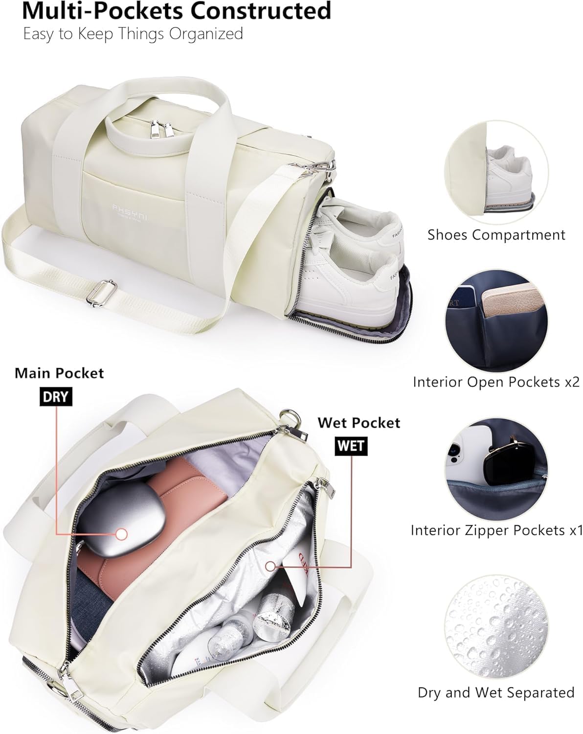 Compact Sports Gym Bag for Women, Cute Mini Duffle Bag with Wet Pocket & Shoes Compartment, Personal Item Travel Workout Bag, 16"-Small, Beige