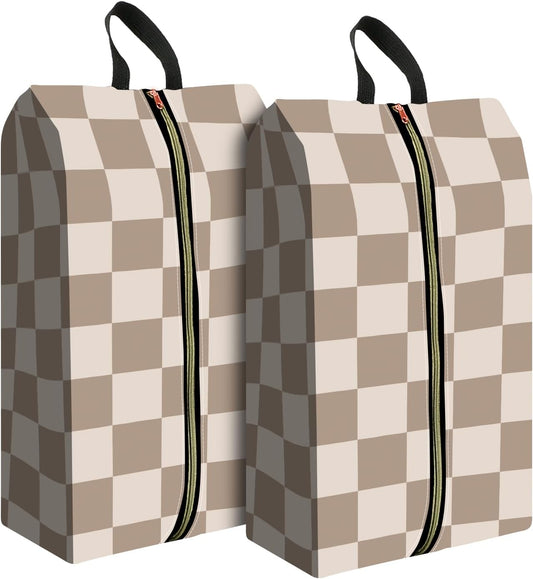 2pcs Shoe Organizer for Travel, Packing Shoe Travel Bags, Cute Shoe Bag with Zipper & Handle, Portable Travel Essentials for Women and Men Brown Checker