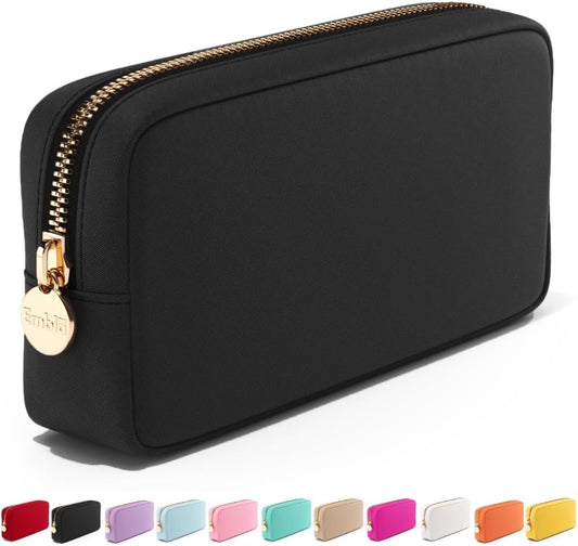 Embla Makeup Bag Travel Cosmetics Pouch and Toiletry Bag, Nylon Zipper Pouch Purse, Cute Make Up Organizer Storage Tote for Women Girls, Waterproof Travel Skincare Case, Small Makeup Bags, Black