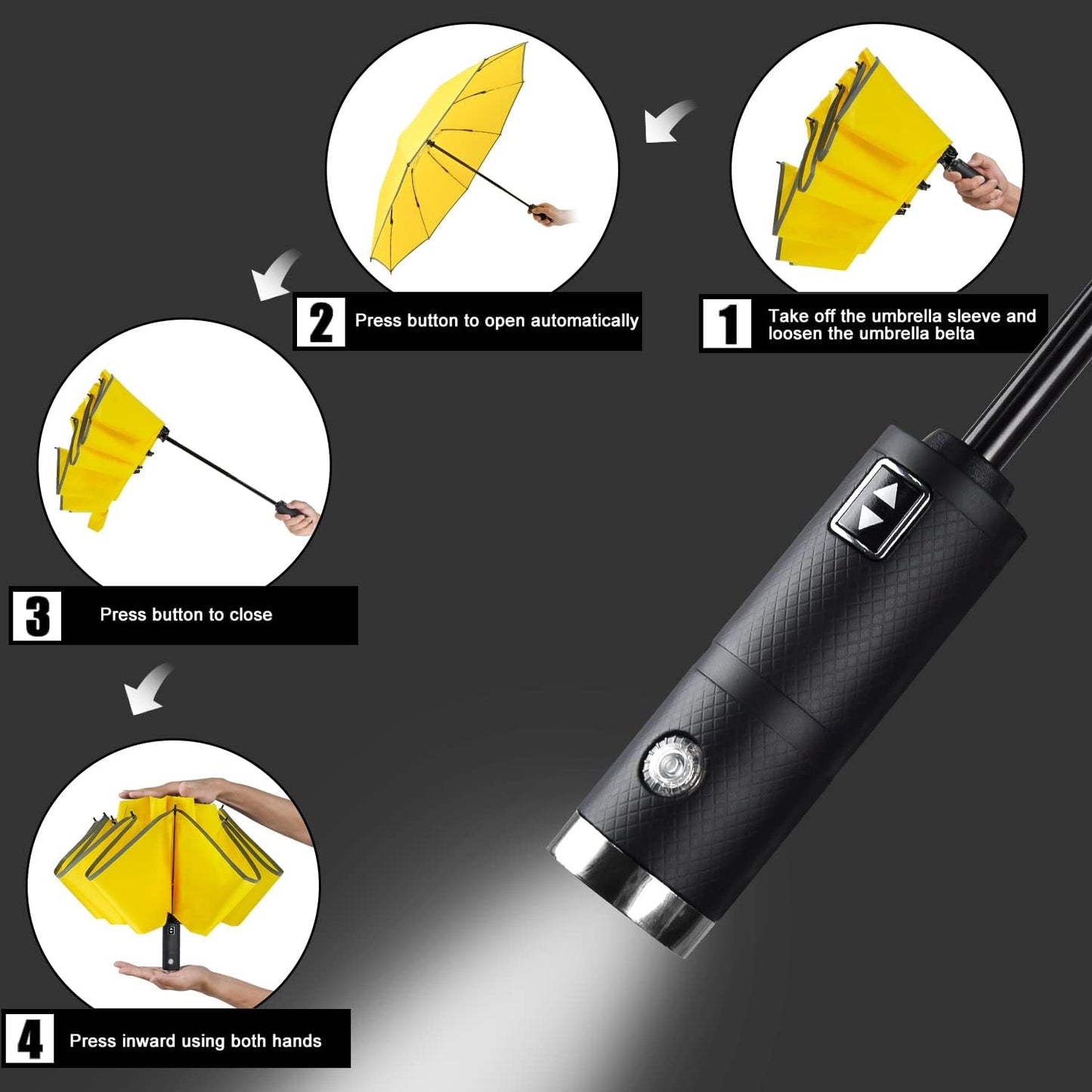 Lejorain Automatic Folding Umbrella Inverted - Upside Down Yellow Windproof Umbrella LED Flashlight Handle With Reflective Strip