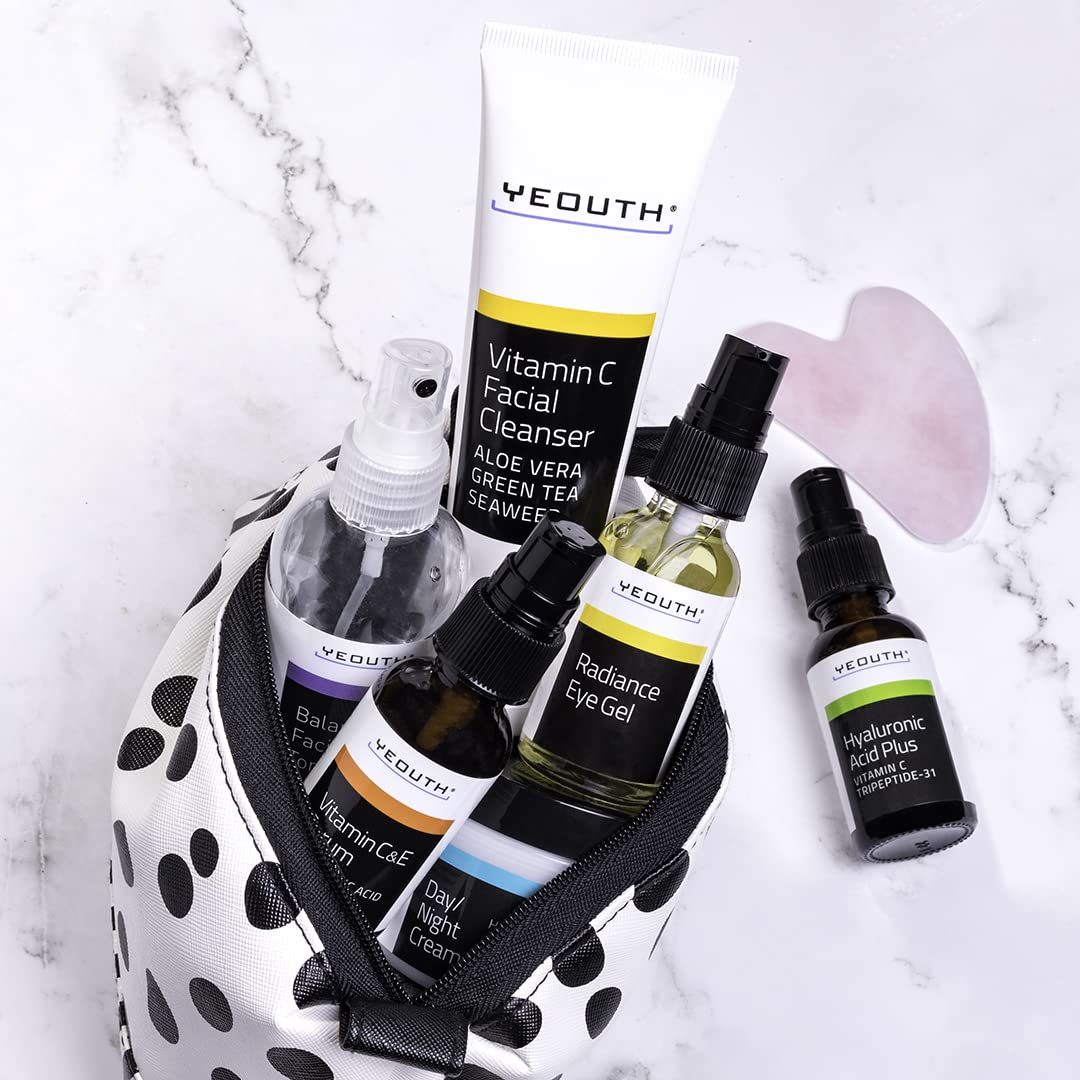 YEOUTH Skin Care Set: Hyaluronic Acid Serum, Vitamin C Serum, Face Cleanser, Toner, Under Eye Gel, Face Cream, 6-Piece Skincare Kit For Women & Men