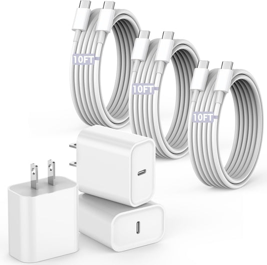 10FT Fast Charging Cord for iPhone 17 16e 15,3Pack Extra Long 10Foot USB C to Type C Charger Cable 20W USBC Charger Block Cube Super Quick Charging for iPhone 17 Air/17 16 15 Pro/Plus/Pro Max,iPad Pro