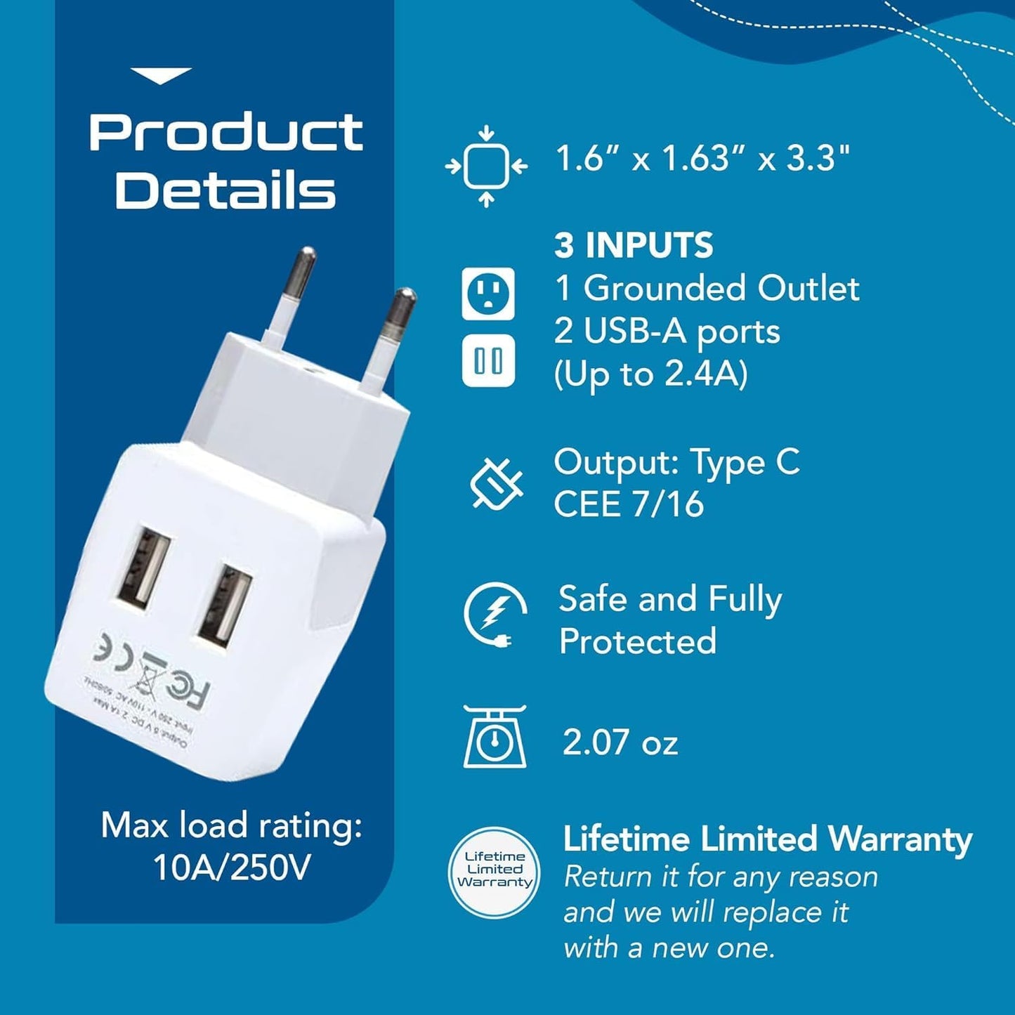 Ceptics European, Egypt Travel Adapter Plug with Dual USB - Type C - Europe - Usa Input - Light Weight - Perfect for Cell Phones, Chargers, Cameras and More - 2 Pack