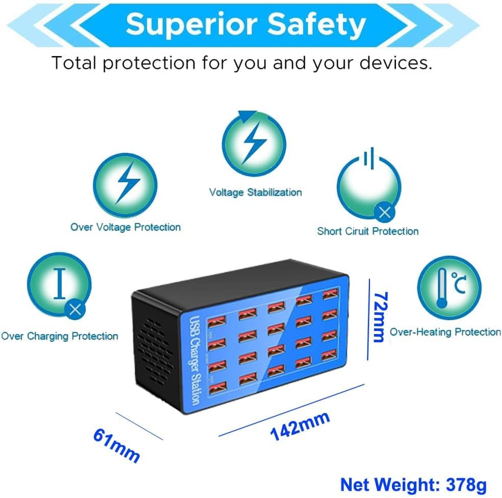 100W 20-Port Multi-Device USB Charging Station - Supports simultaneous Charging for Smartphones, Tablets, smartwatches and Other USB-Powered Devices.(20 Port Charger Station-Blue)