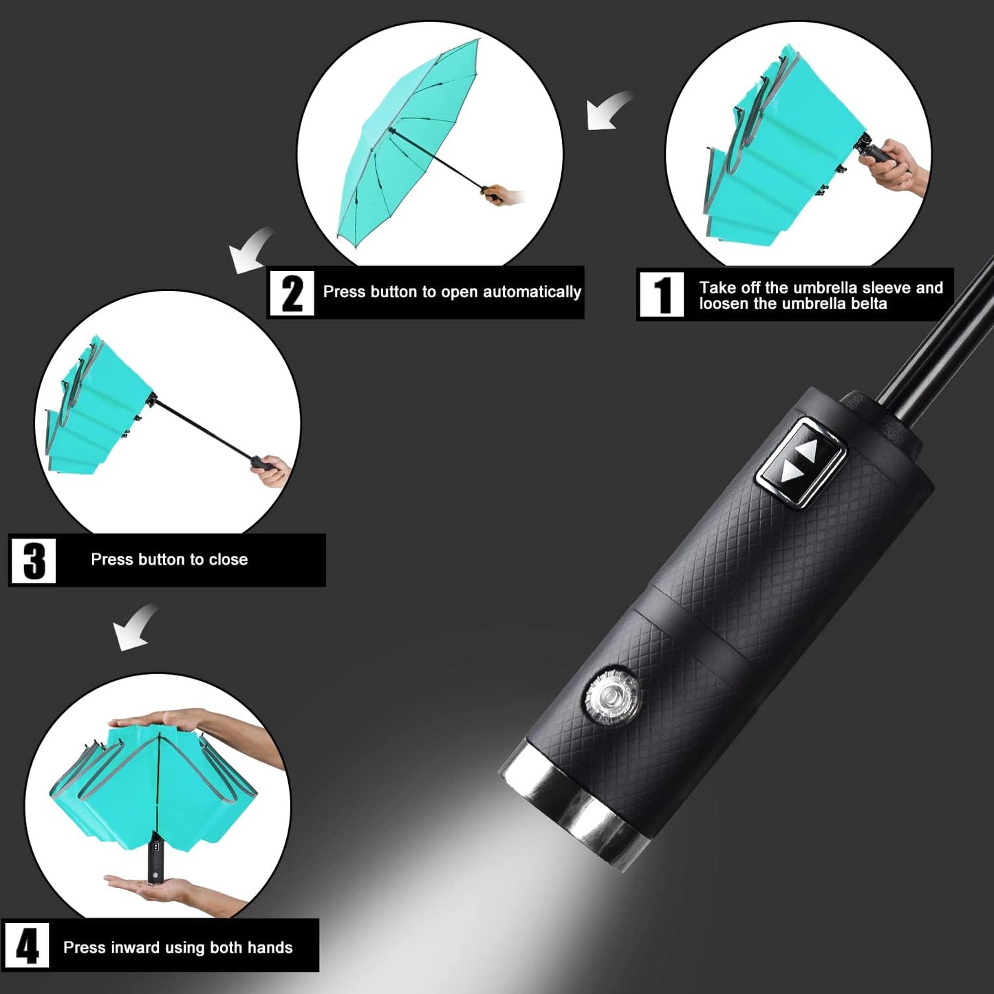 Lejorain Travel Folding Inverted Umbrella - Reverse LED Umbrellas Automatic Open and Close - Reflective Collapsible Reversible Umbrella