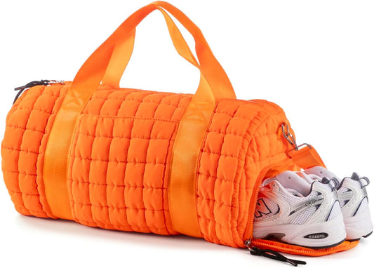 Quilted Duffel Gym Bag for Men and Women Carry On Travel Sport Weekender Bag, Orange