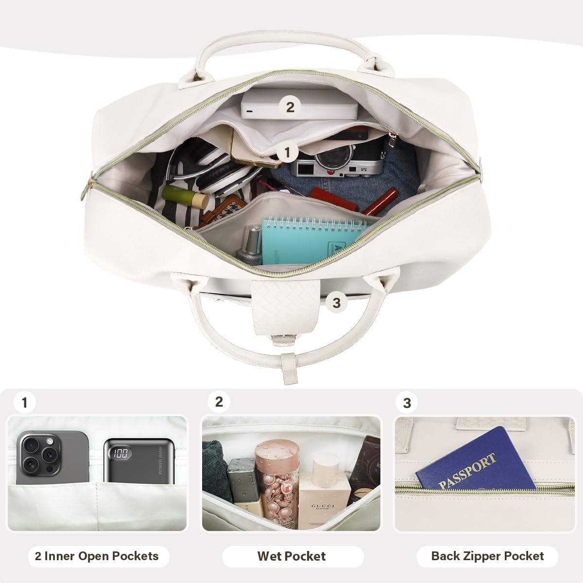 Leather Weekender Bags for Women, Travel Duffel Bag PU Overnight Bag Carry On Tote Bag with Shoe Compartment Wet Pocket