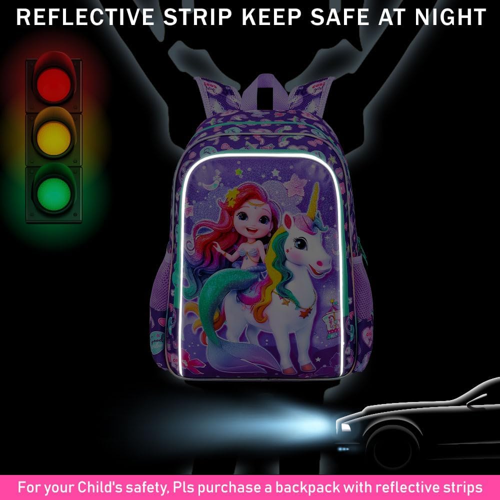 16" Mermaid Backpack for Girls, 3Pcs Unicorn Kids Bookbag with Lunch Box，School Backpacks for Elementary Preschool Kindergarten (Purple)