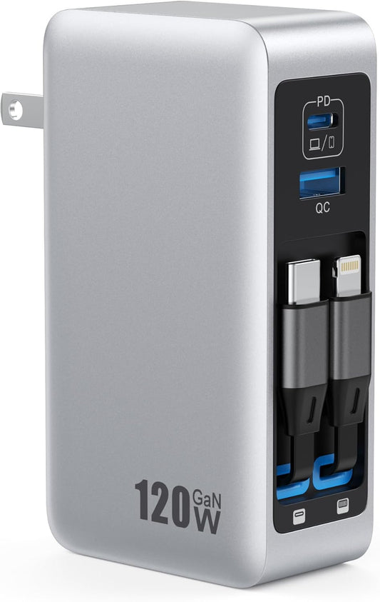 120W USB C Charger Block with 2 Built-in Retractable Cables,4-in-1 GaN IV Foldable Plug Wall Charger Fast Charging Station,PD 65W Laptop Adapter for MacBook/iPad,iPhone 17/16/15/14,Galaxy,Android etc
