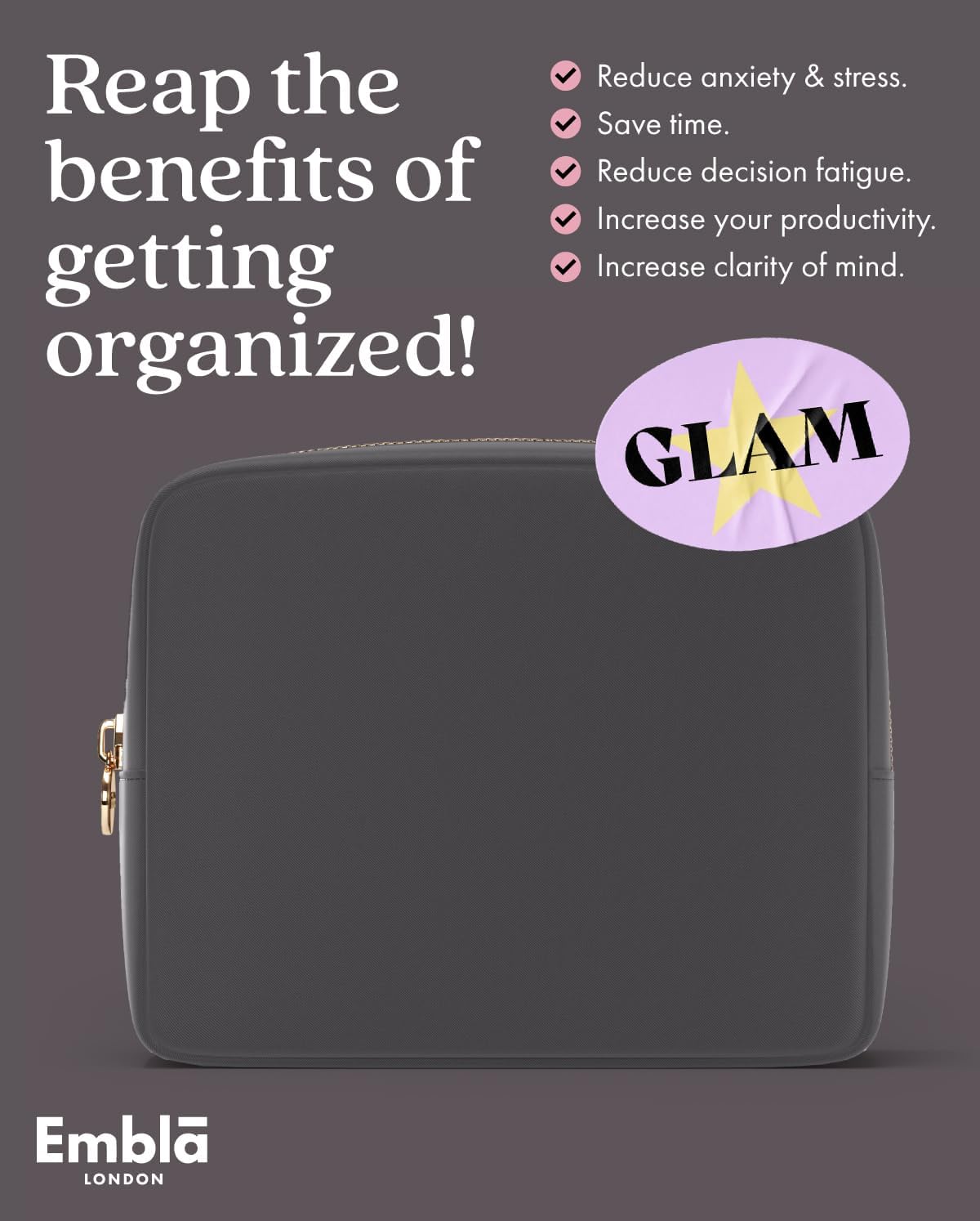 Embla Makeup Bag Travel Cosmetics Pouch and Toiletry Bag, Nylon Zipper Pouch Purse, Cute Make Up Organizer Storage Tote for Women Girls, Waterproof Travel Skincare Case, Large Makeup Bags, Grey