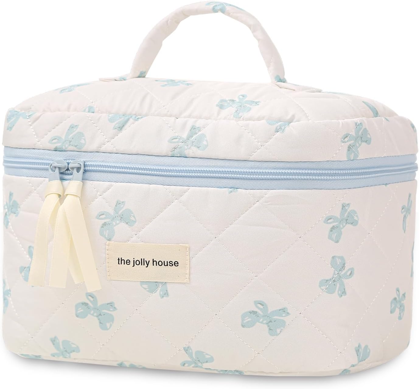 Large Travel Quilted Makeup Bag for Women Girls, Floral Cosmetic Bag, Cute Coquette Aesthetic Flowers Toiletry Organizer Bag Blue Bow