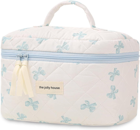 Large Travel Quilted Makeup Bag for Women Girls, Floral Cosmetic Bag, Cute Coquette Aesthetic Flowers Toiletry Organizer Bag Blue Bow