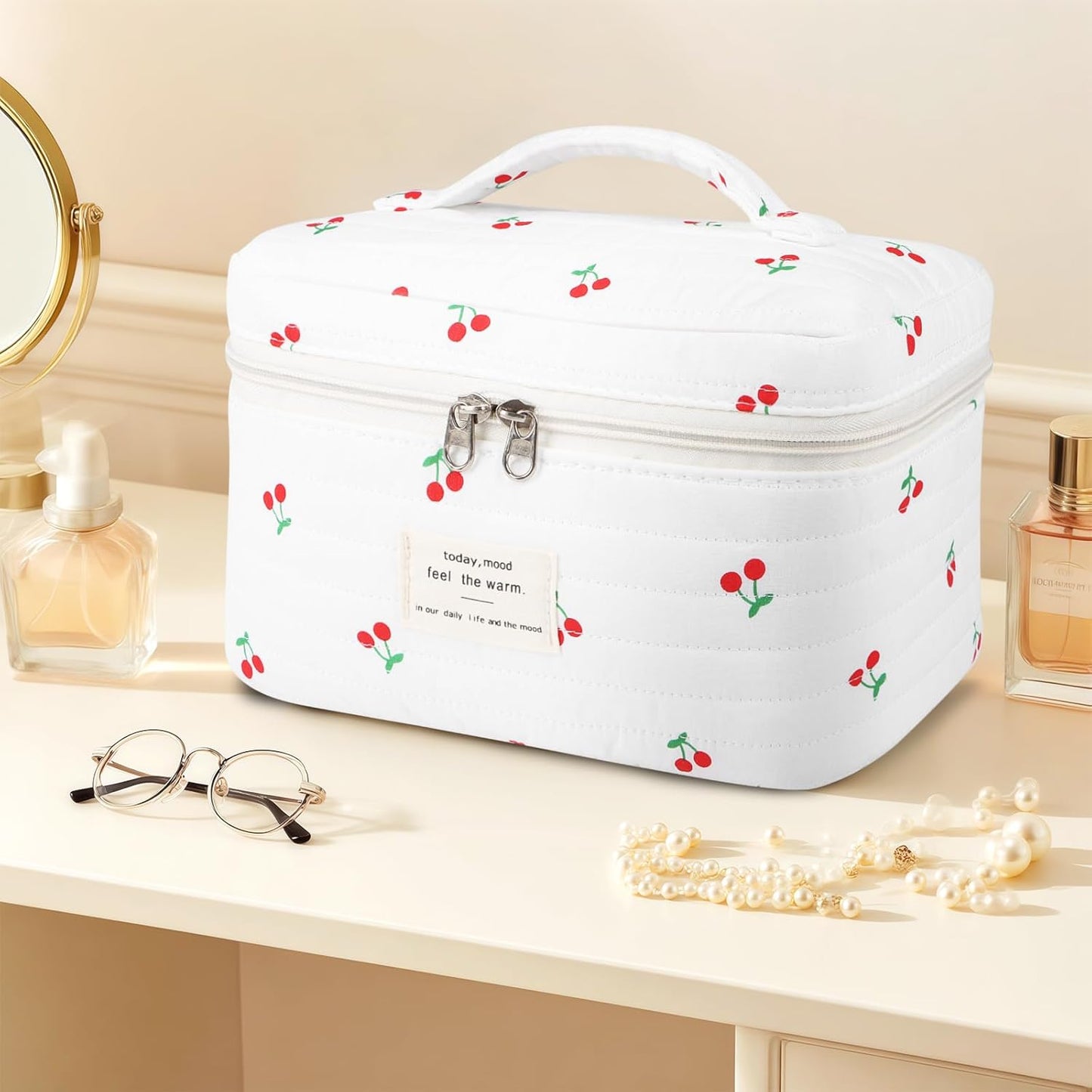 Large Travel Quilted Makeup Bag for Women, Floral Cotton Cosmetic Bag Cute Coquette Aesthetic Floral Toiletry Organizer Bag for Girls Cherry Flower Cosmetic Zipper Storage Bag