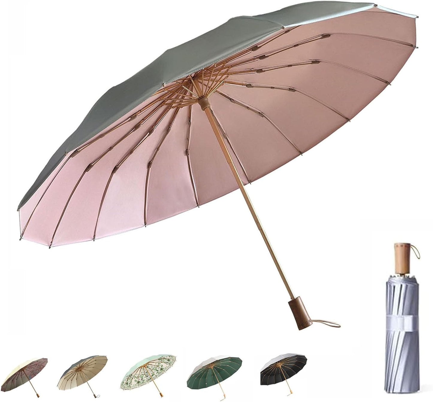 Folding umbrellas for rain and sun UPF 50+ UV Protection Windproof waterproofing and Strong Travel Essentials for Men Women 16 Ribs Wooden Handle