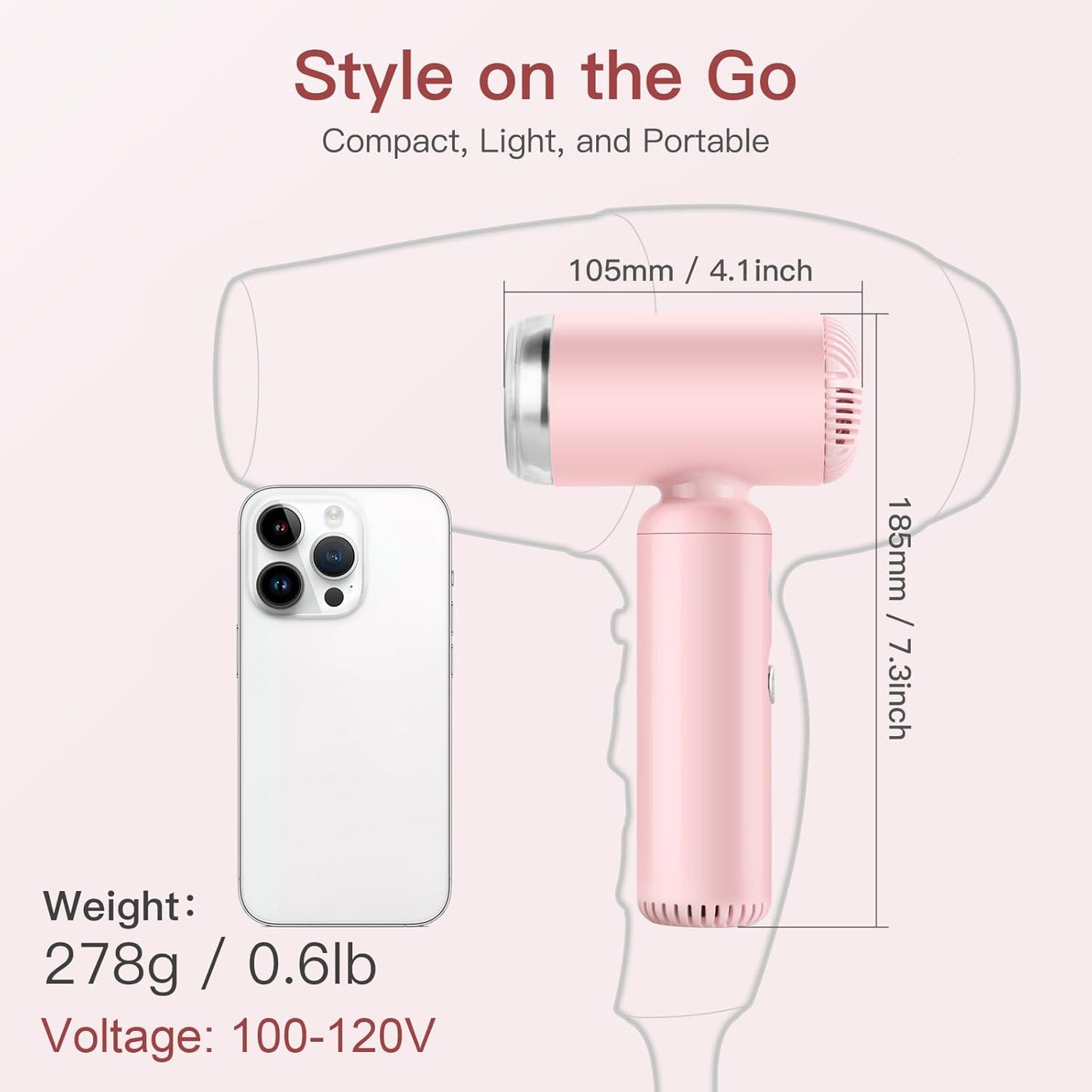 Webeauty Hair Dryer, [Super Mini] Ionic High-Speed Travel Blow Dryer with Diffuser 200 Million Negative Ions, 110,000RPM Brushless Motor for Home Salon Fast Drying Portable Lightweight, Pink
