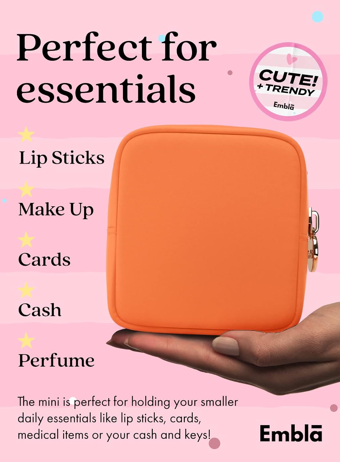 Embla Makeup Bag Travel Cosmetics Pouch and Toiletry Bag, Nylon Zipper Pouch Purse, Cute Make Up Organizer Storage Tote for Women Girls, Waterproof Travel Skincare Case, Small Makeup Bags, Peach