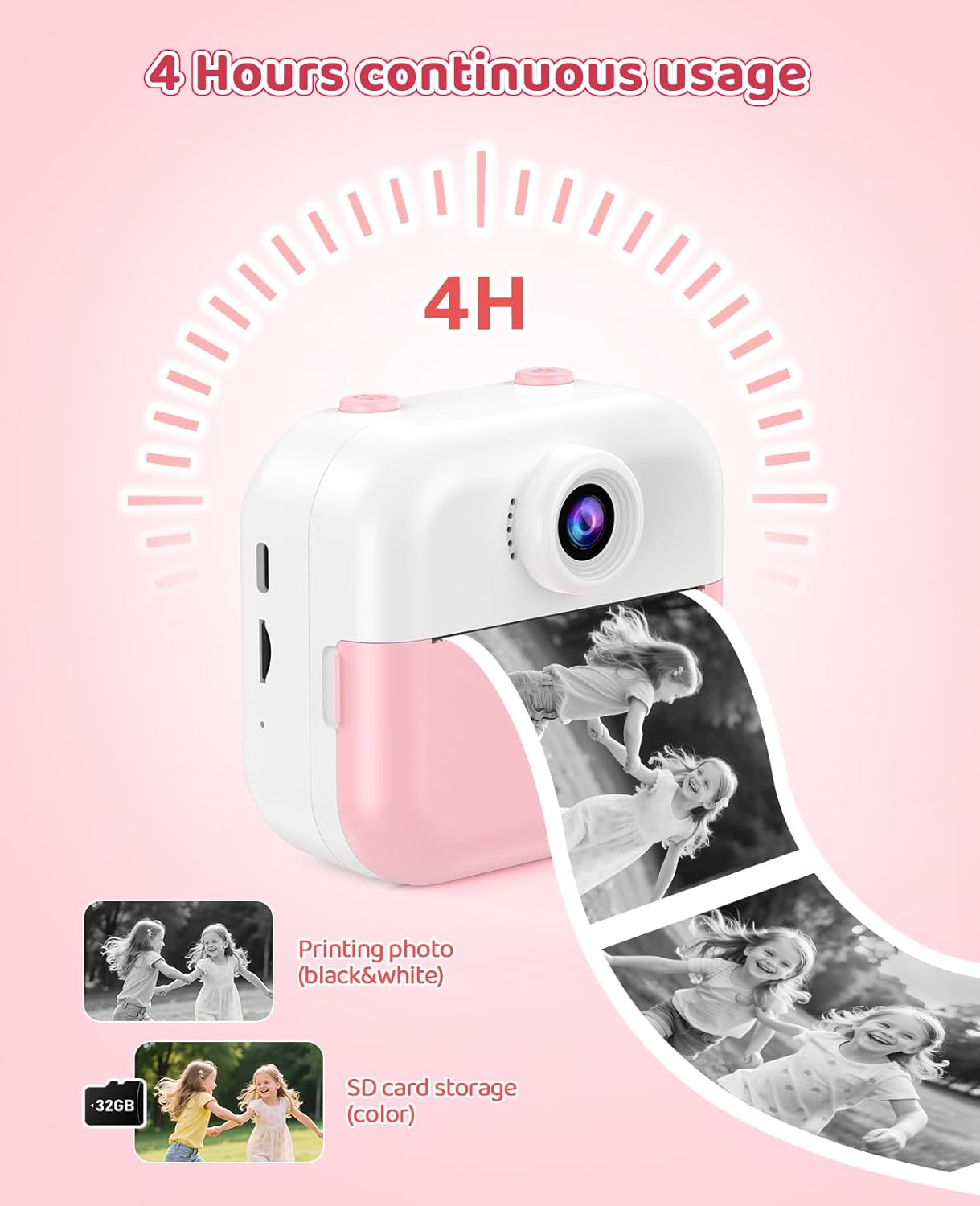 Instant Print Front Rear Dual Selfie Kids Camera for Kids Christmas Birthday Gifts for Girls Age 3-12 Portable Toys for 3 4 5 6 7 8 9 10 Year Old Girl with 32GB SD Card Digital Camera