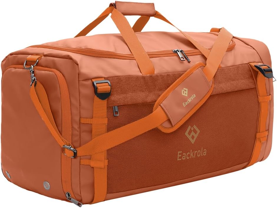 Eackrola Large Sports Gym Bag, Travel Duffel bag with Wet Pocket & Shoes Compartment for men women, 65L, Lightweight（Orange）