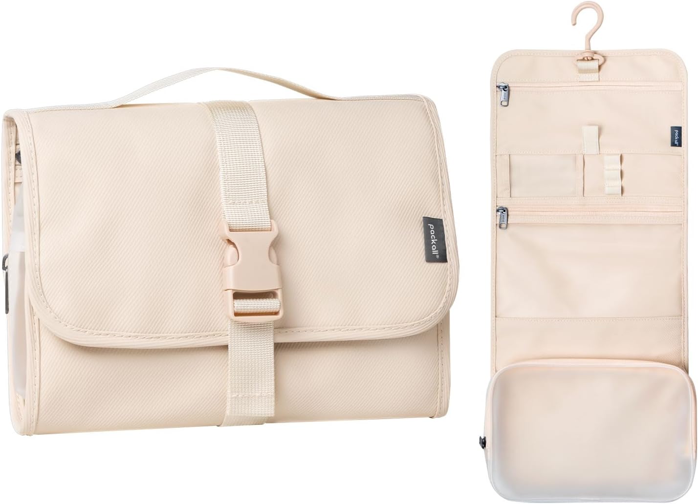 pack all Hanging Travel Toiletry Bag, Foldable Cosmetic Bag with Multiple Compartments, Water-Resistant Makeup Bag for Toiletries, Accessories (Light Beige)