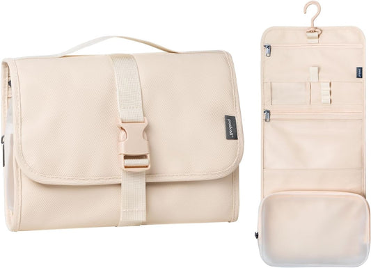 pack all Hanging Travel Toiletry Bag, Foldable Cosmetic Bag with Multiple Compartments, Water-Resistant Makeup Bag for Toiletries, Accessories (Light Beige)